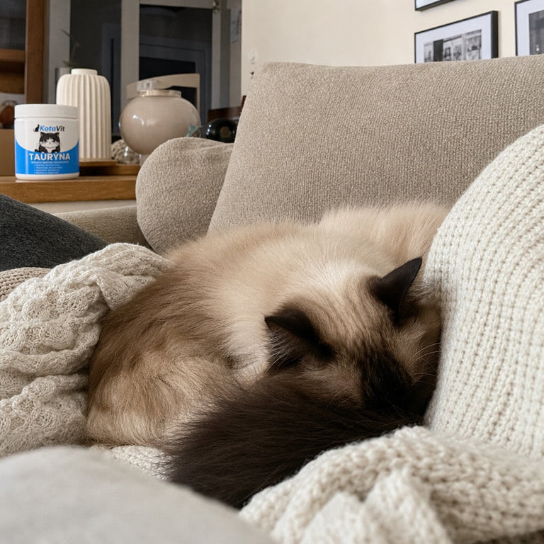 F1. Flauschiger Ragdoll umarmt die KotaVit-Dose auf beigem Sofa, Nachmittagslicht