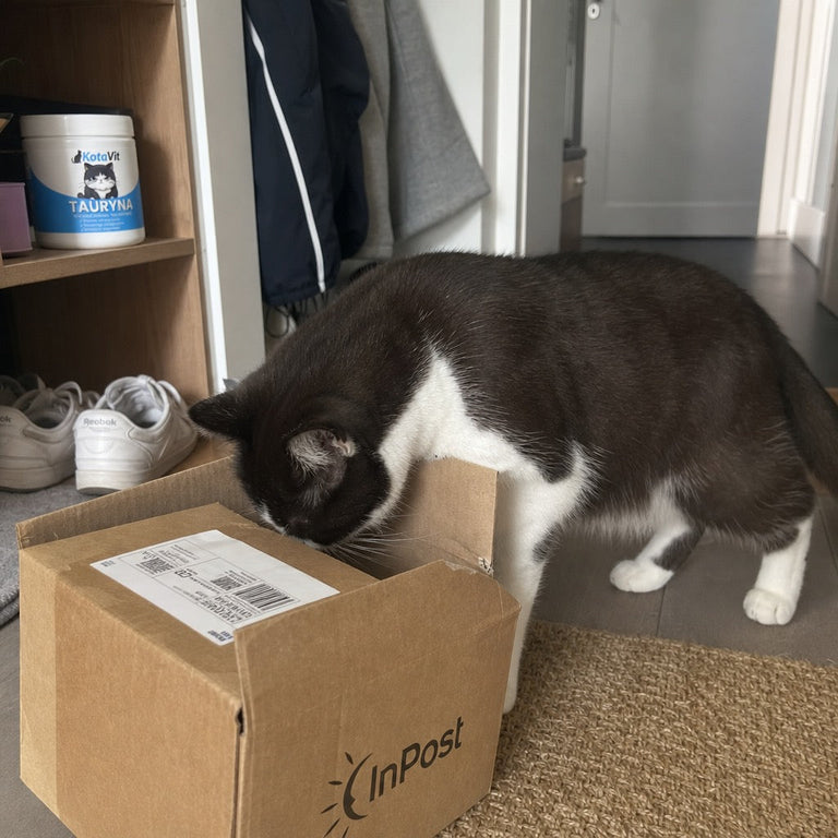 F11. Ausgepackte KotaVit-Dose neben einem DHL-Paket auf dem Boden im Flur, neugierige Katze
