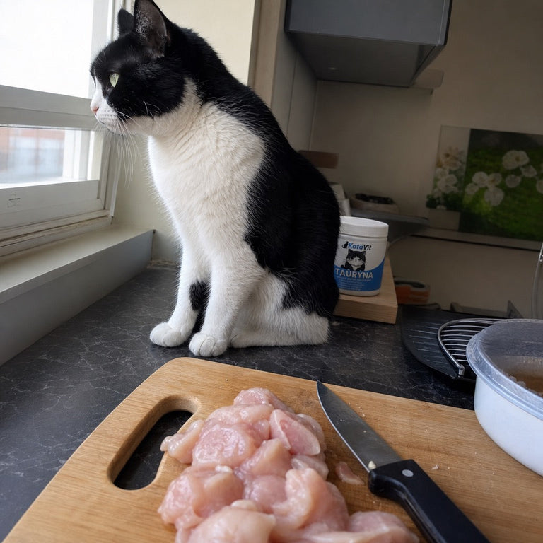 F4. Küchenarbeitsplatte beim BARF-Zubereiten, rohes Fleisch, Messlöffel und Dose daneben, Katze beobachtet