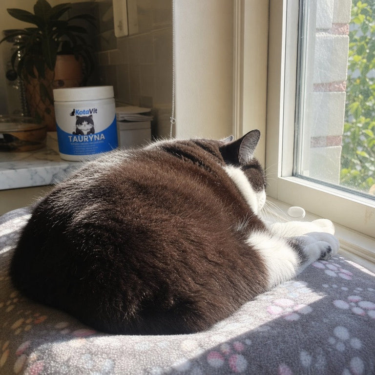 F6. Ältere Katze auf sonnigem Fensterbrett, KotaVit-Dose daneben, Morgenlicht
